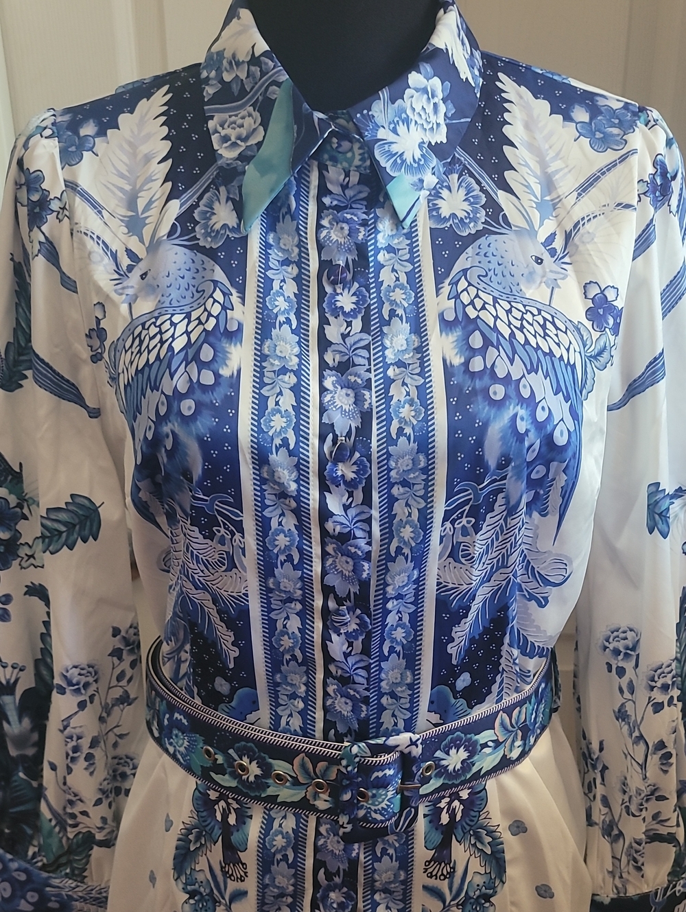 Fashion Nova Blue and White Floral Mini Dress With Belt Size L NEW